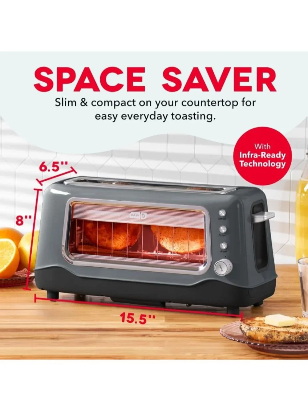 Gray Clear View Extra Wide Slot with See Through Window Reheat Baked Toaster